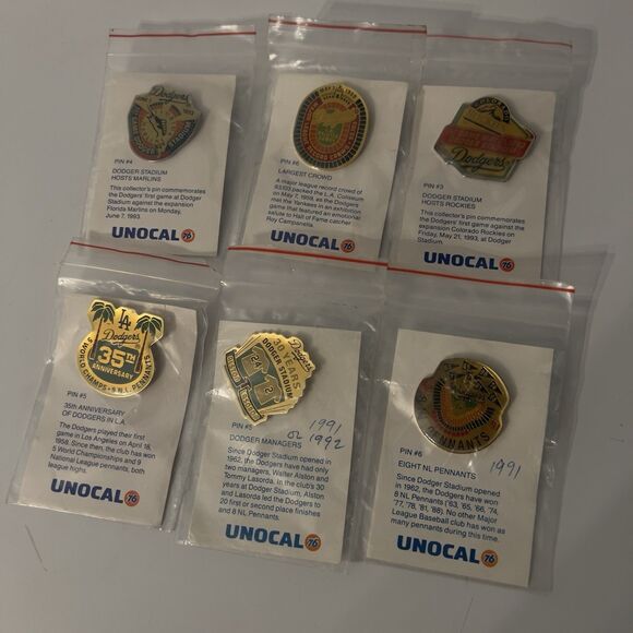 LOS ANGELES DODGERS Unocal‎ 76 Hat Lapel Pin Lot of 6 1990's Baseball MLB - Picture 1 of 11